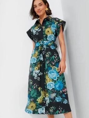 Tuckernuck Chloe Belted Midi Dress in Black Verdant Floral L